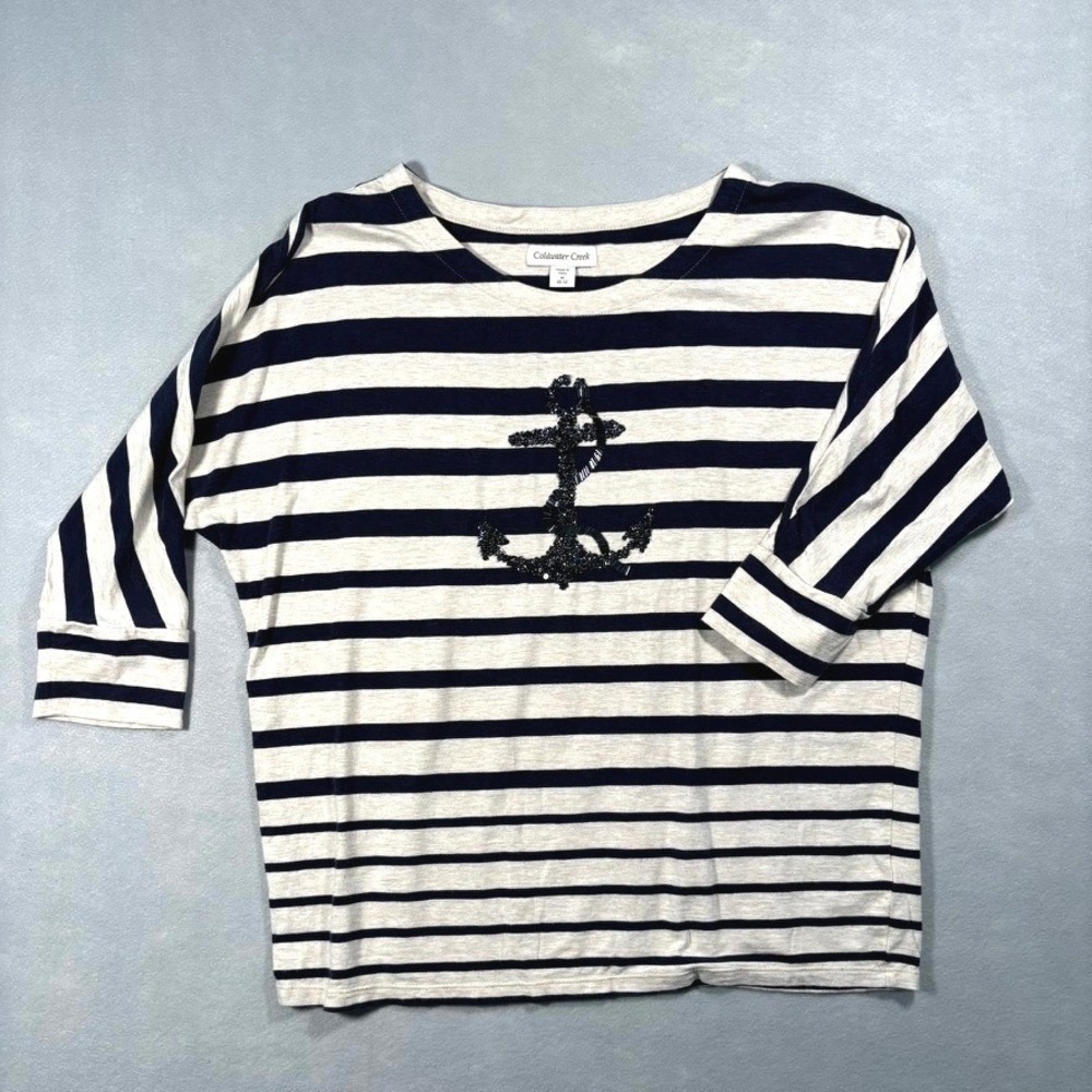 Coldwater Creek Womens M Beaded Anchor Striped 3/4 Sleeve Knit Top Navy Oatmeal